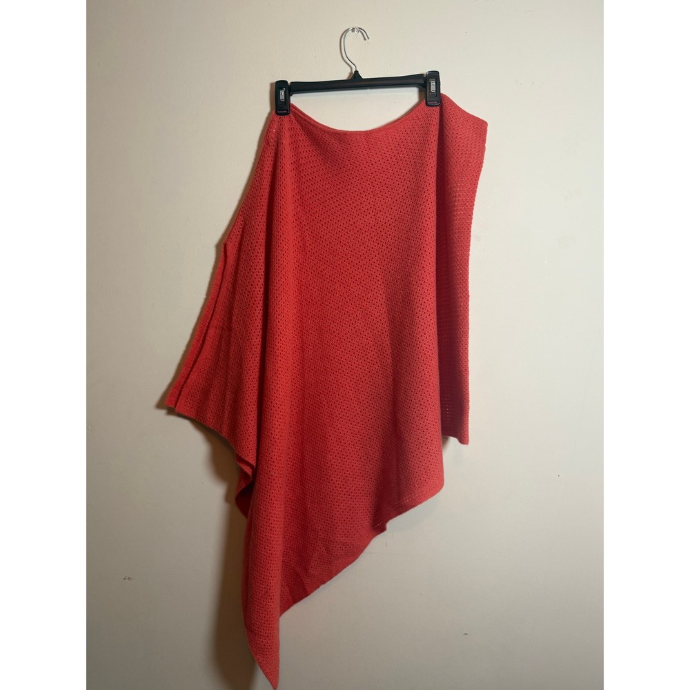 Minnie Rose 100% Cashmere Ruana Poncho Wrap Orange Coral Pointelle Knit O/S NWT